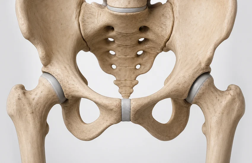 resonancia magnética de sínfisis del pubis: esquema anatómico de pelvis anterior señalando la articulación púbica y tejidos cercanos