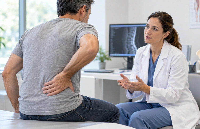 Persona con dolor lumbar señalando la zona baja de la espalda durante una valoración sanitaria en consulta.