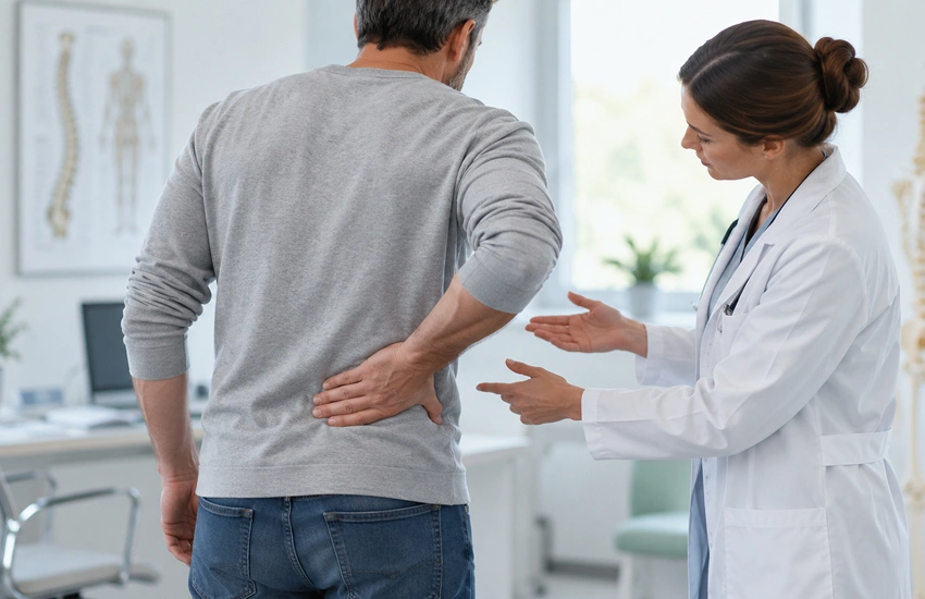 Persona con dolor lumbar señalando la parte baja de la espalda durante una valoración sanitaria.
