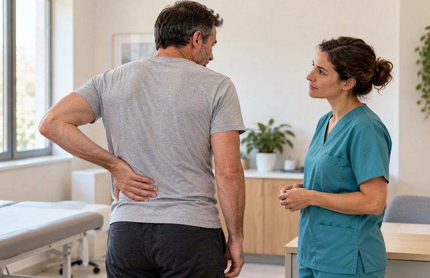 Paciente señalando la zona lumbar mientras explica sus molestias a una profesional sanitaria en consulta.