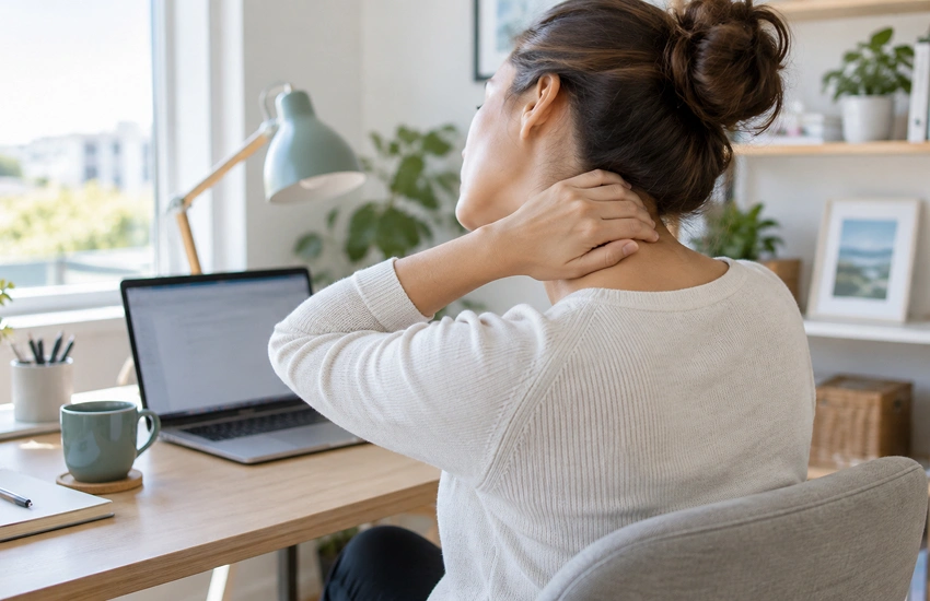 Persona con dolor cervical corrigiendo la postura durante una pausa de trabajo